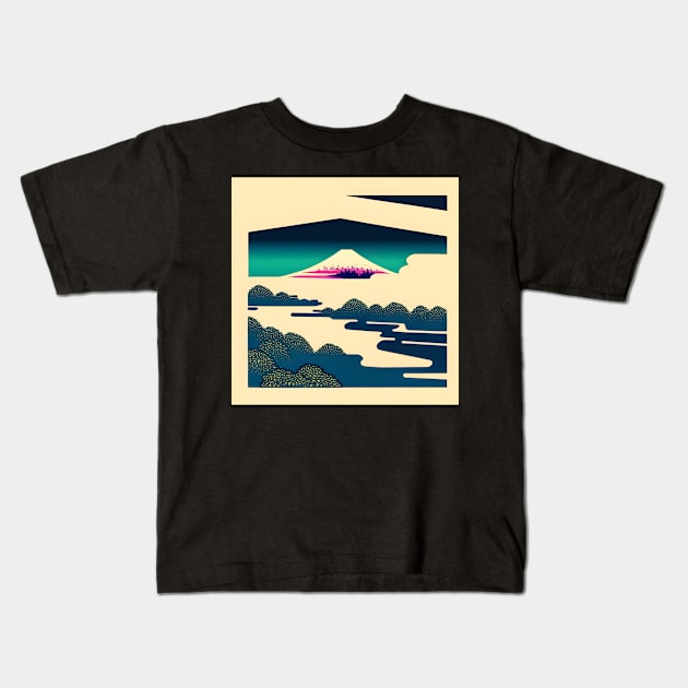 Mount Fuji surrounded by trees and river. Kids T-Shirt by Zenmatics